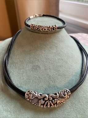 925 Sterling Silver Mexico Leather Necklace & Bracelt Set Scroll Design Blk Cord